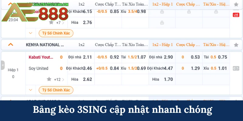 3SING - Sảnh chơi cá cược thể thao uy tín hàng đầu AE888 7 Bảng kèo 3SING cập nhật nhanh chóng